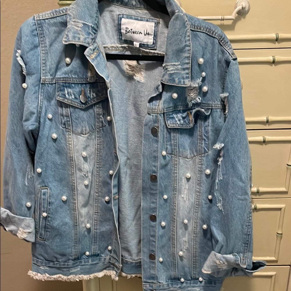 Between Us Light Blue Pearl-Embellished Denim Jacket size L